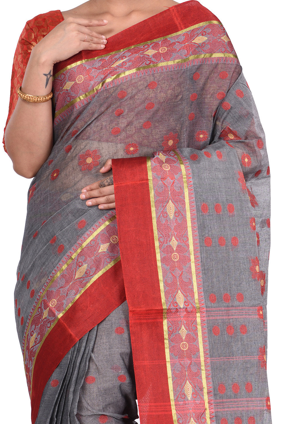 Grey Pure Cotton BolLata_Tant Tant Saree (840)